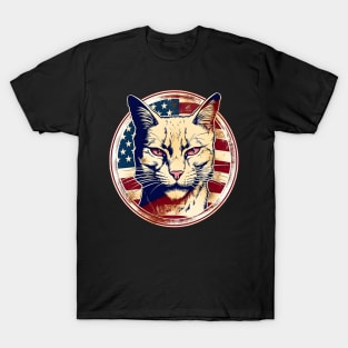 Angry Cat Retro American USA Flag 4th July Pop Art Cat Lover T-Shirt